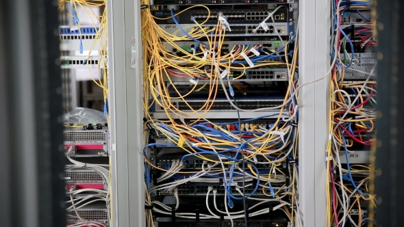 Modern Network Switch With Cables. Server Connections.