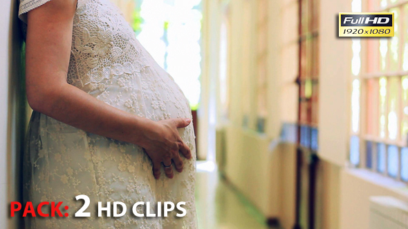 Pregnant Bride, Close Up of a Pregnant Belly in Wedding Dress. Pack, 2 Clips.
