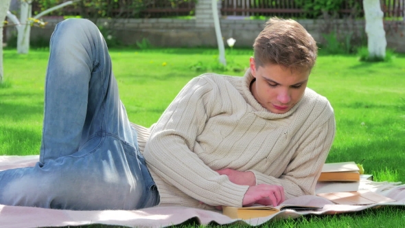 Young Boy Read Book In The Yard