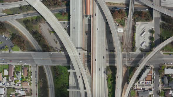 AERIAL: Spectacular Overhead Follow Shot of Judge Pregerson Highway Showing Multiple Roads, Bridges