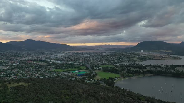 Sunset from Queen's Domain over Hobart with Mt Wellington, Tasmania Aerial Drone 4K