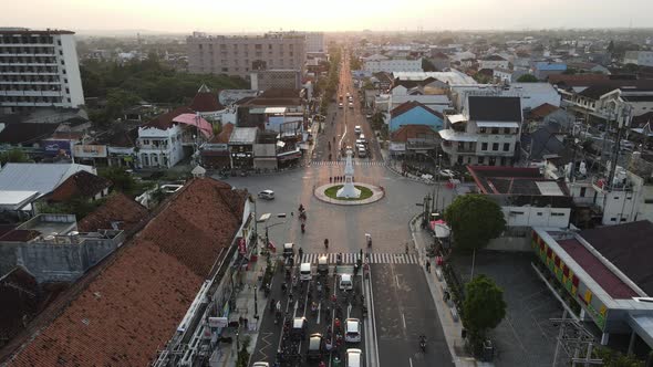 Aerial view of Tugu Yogyakarta Landmark with busy traffic.