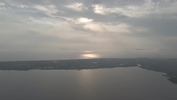 Aerial view of Lake Paliastomi at sunset. Kolkheti National Park, Georgia