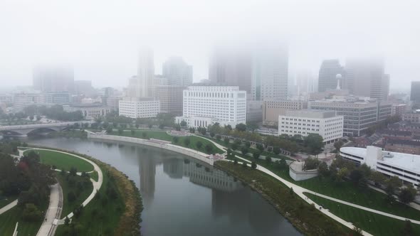 Columbus Ohio skyline on a foggy morning, aerial drone