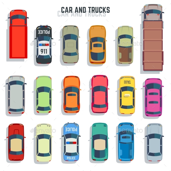 Cars and Trucks Top View Flat Vector Icons Set
