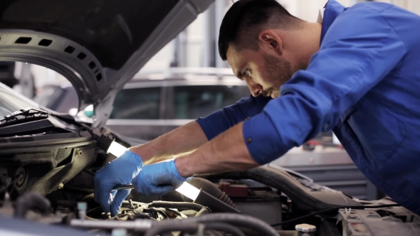 Mechanic Man With Wrench Repairing Car At Workshop 3