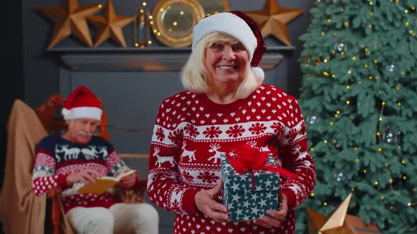 Elderly Grandmother in Festive Sweater Presenting Christmas Gift Box Smiling Looking at Camera