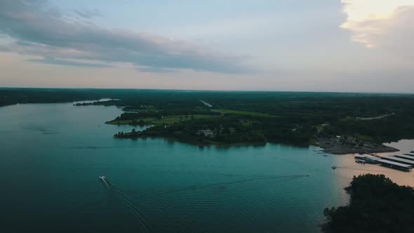 Aerial drone shot of longview lake in Kansas City. Slow Horizontal pan.