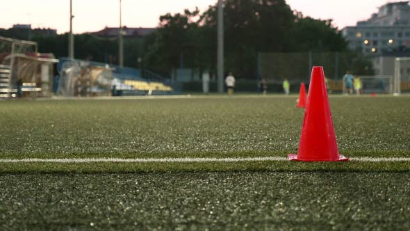 Cone Markers on the Stadium. American Football Training