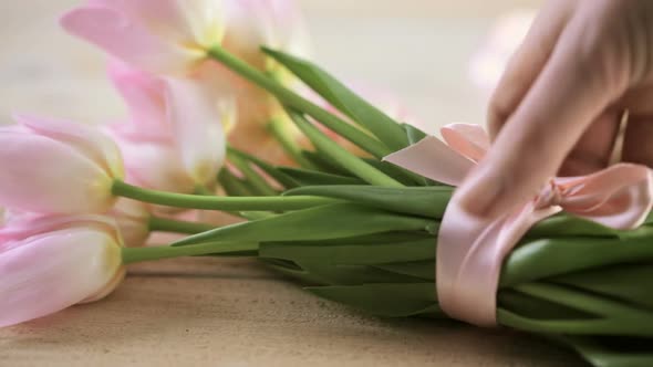 Light pink tulips on a wood background