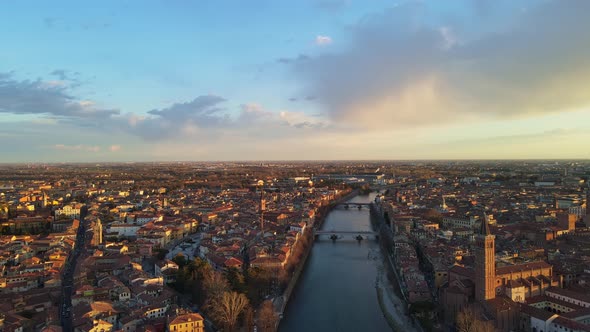 Flying over Verona at Sunset