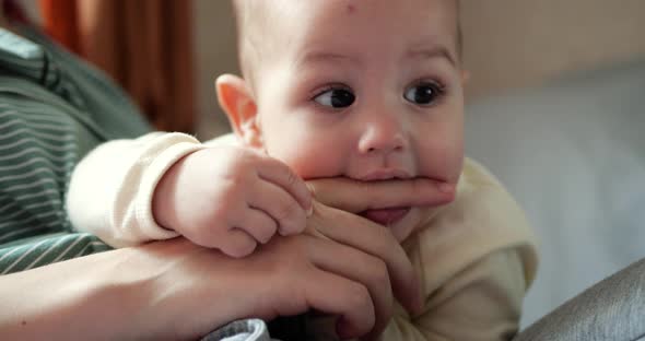 a Young Mother is Holding a Beautiful Sevenmonthold Son Who Smiles and Gnaws at Fingers and Mother's