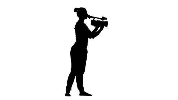 Operator Makes The Video Camera Turning. Silhouette, White Background