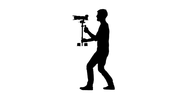 Using The Camera Operator To Install Steadicam. Silhouette. White Background