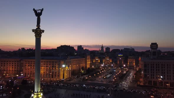 Independence Square at Night. Maidan. Monument. Aerial. Kyiv. Ukraine.