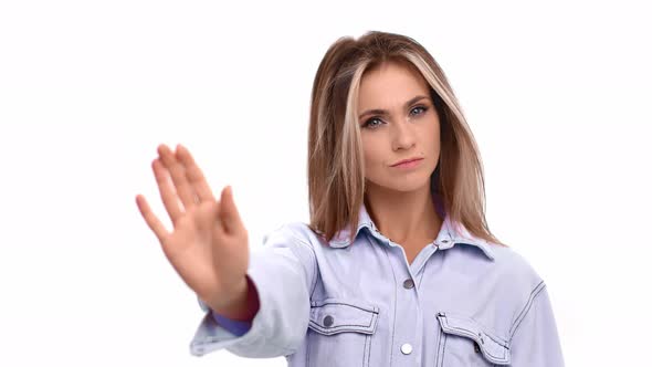Confident Woman Gesture Stop No Shaking Hand Posing Isolated