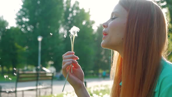 Beauty Young Woman with red hair Blowing Dandelion Wishing Joy Concept