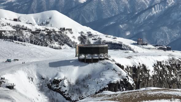 Gudauri, Georgia - February 22, 2022: Aerial view of Russia–Georgia Friendship Monument