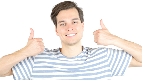 Young Positive Man Thumbs Up, Happy with Results