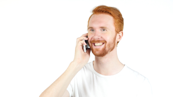 Happy Beard Man Talking On Phone with Friends
