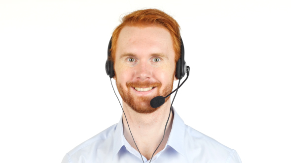 Portrait of Smiling Call Center Operator w/ Red Hairs and Beard