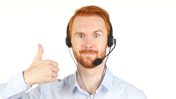 Thumb Up by Smiling Call Center Operator w/ Red Hairs and Beard