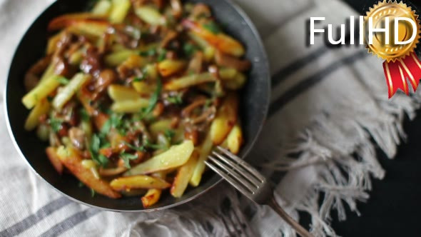 Potatoes With Mushrooms in a Frying Pan