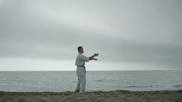 Fit Man Workouting Karate Technique on Beach