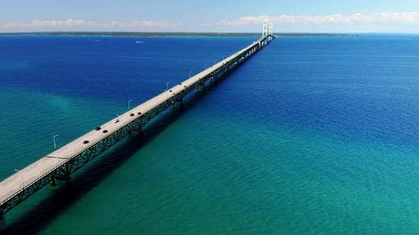 Aerial footage of Michigan's great lakes and the Mackinac Bridge