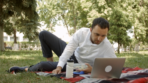 Successful Man Working On The Field With Laptop