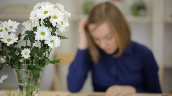 Woman Practices In Painting On Seminar In Art Studio.
