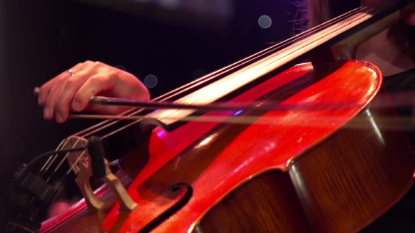Musician Hand Playing The Cello On Concert Stage With a Lot Of Colleagues.