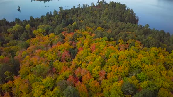 Aerial Daytime Overhead Shot Of Fall Forest Colors Tilts Up To Reveal Calm Lake With Canoes And Pine