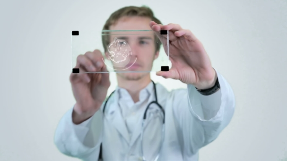 Male Scientist Analyzing X-ray, Tomogram On a Futuristic Tablet. Motion Graphic. alt