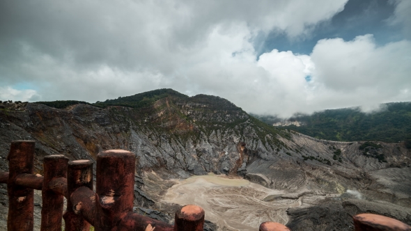 Misty and Cloudy View of Tangkuban Perahu Volcano Crater In Bandung, Indonesia