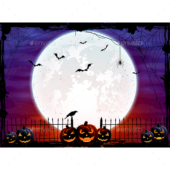 Halloween Background with Moon in the Sky and Pumpkins