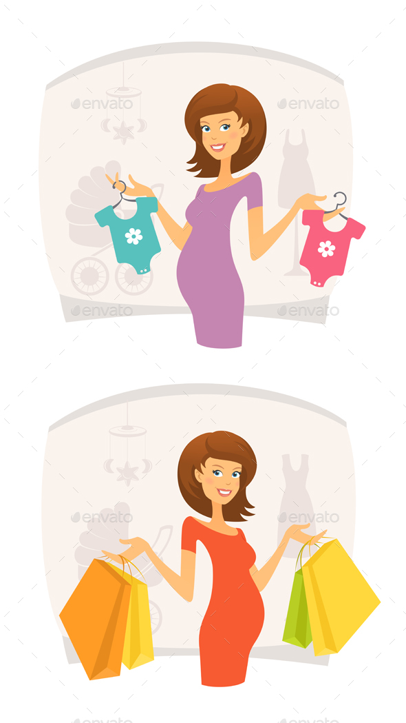 Happy Pregnant Woman with Baby Clothes