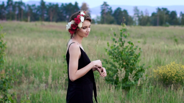 Beautiful Girl in the Black Short Dress With The Wreath on Her Head on the Green Field