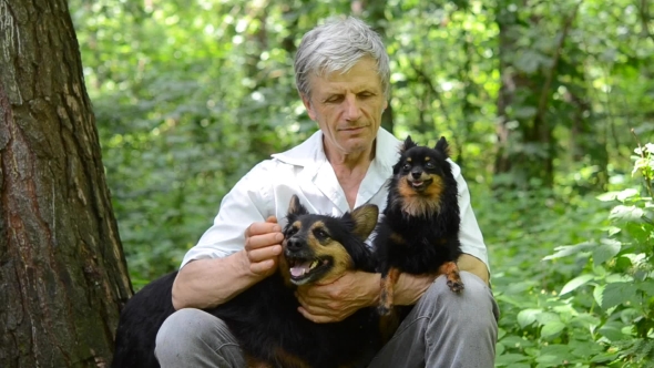 Gray-haired Man Petting His Dogs