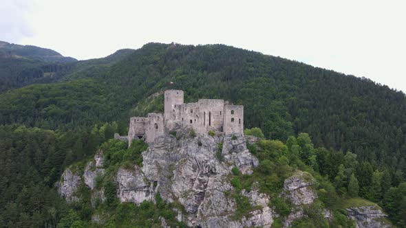 Aerial view of the castle in the village of Strecno in Slovakia