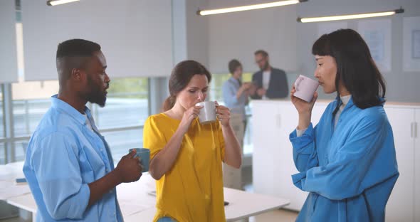 Multiethnic Colleagues on Break Drinking Coffee Chatting in Modern Office