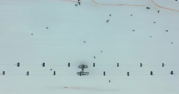 Aerial View Smooth Movement Along the Ski Slopes in the Ski Resort of Grandvalira in Andorra. Ski