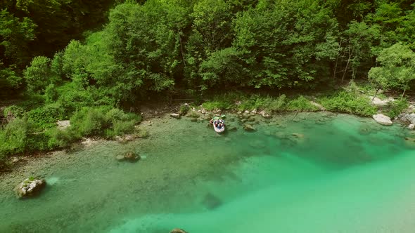 Aerial view of rafters at the Soca river's shore in Slovenia.