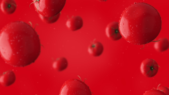 Super  Clip Of Falling Red Tomatoes And Water Drops Against Red Background