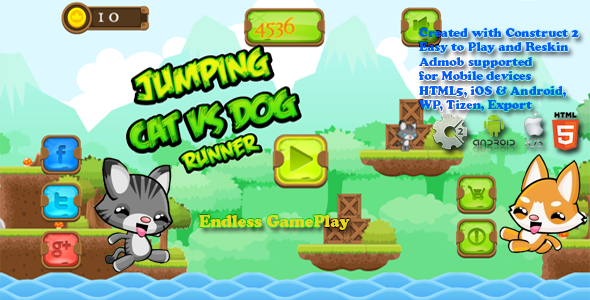 Jumping Cat &amp; Dog Runner - gra HTML5, Mobile Vesion + AdMob !!! (Construct-2 CAPX)