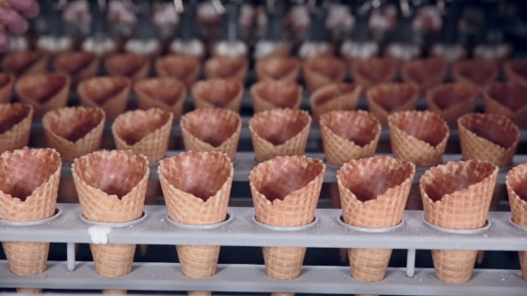 Modern Equipment At The Food Factory. Automatic Conveyer, Production Line Of Ice-cream Cones.