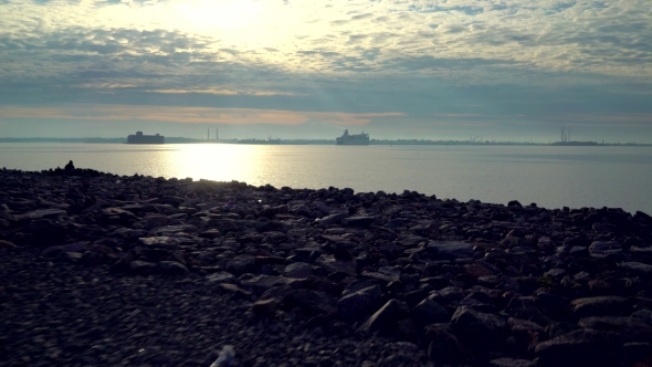 Aerial View Over Large Lake With Passenger Ferry Sails In Summer Sunrise alt