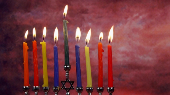 Jewish Holiday Hanukkah Creative Background With Menorah. View From Above Focus On .