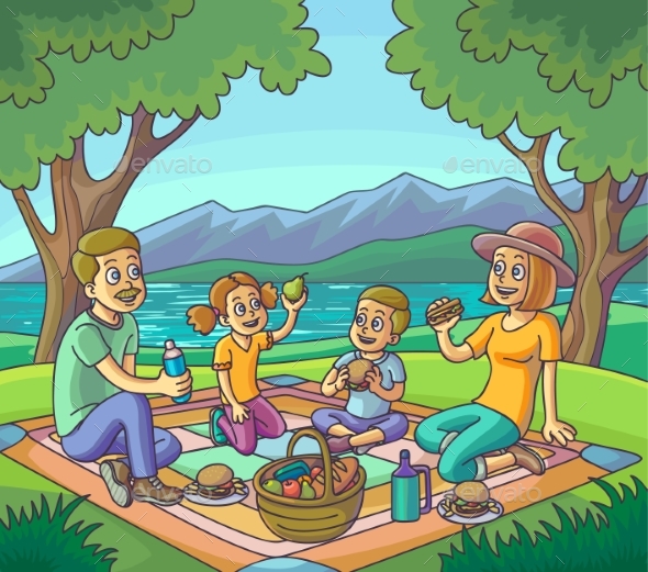 Happy Family Having Picnic Outdoors.