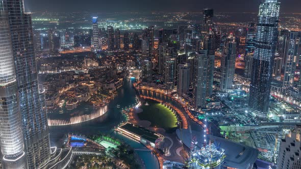 Amazing Aerial View of Dubai Downtown Skyscrapers Night Timelapse Dubai United Arab Emirates